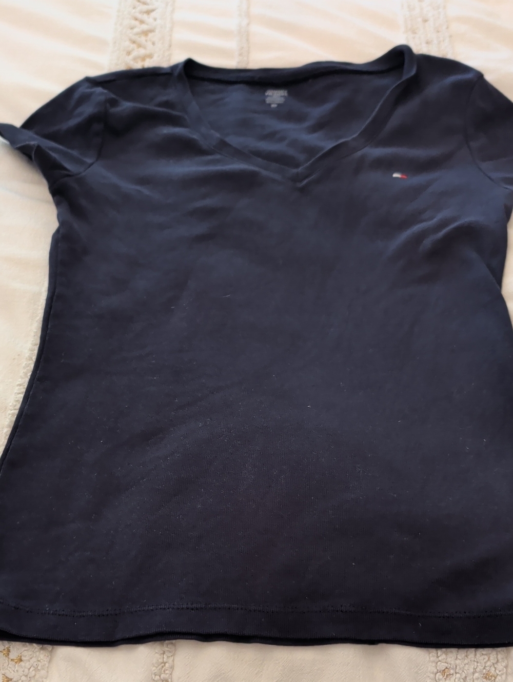 Tommy Hilfiger Navy V-Neck Short Sleeve Tee with Flag Logo